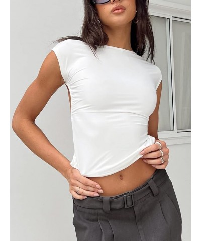 Women Backless Long Sleeve Crop Tops Y2K Shirts Sexy Slim Fit Cut Out Open Back Casual Spring Summer Tops White-23 $10.25 Blo...