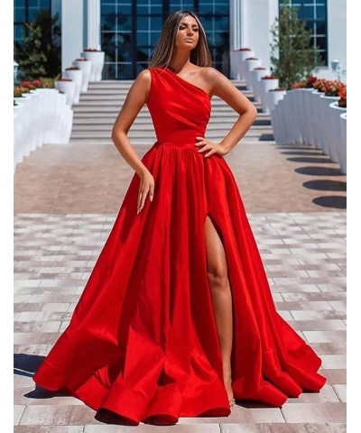 Women's One Shoulder Prom Dresses Satin High Slit A-Line Long Formal Party Gowns YXXY599 1style-plum $39.71 Dresses