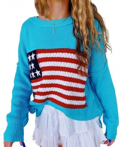 Women's USA American Flag Sweater Boat Neck Long Sleeves Cozy Knit Pullover Blue $19.13 Sweaters