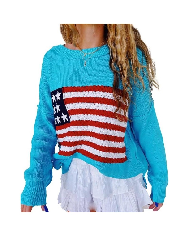 Women's USA American Flag Sweater Boat Neck Long Sleeves Cozy Knit Pullover Blue $19.13 Sweaters