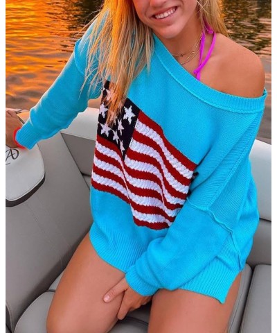 Women's USA American Flag Sweater Boat Neck Long Sleeves Cozy Knit Pullover Blue $19.13 Sweaters