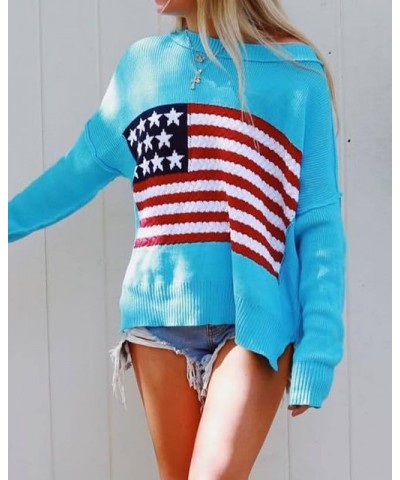 Women's USA American Flag Sweater Boat Neck Long Sleeves Cozy Knit Pullover Blue $19.13 Sweaters