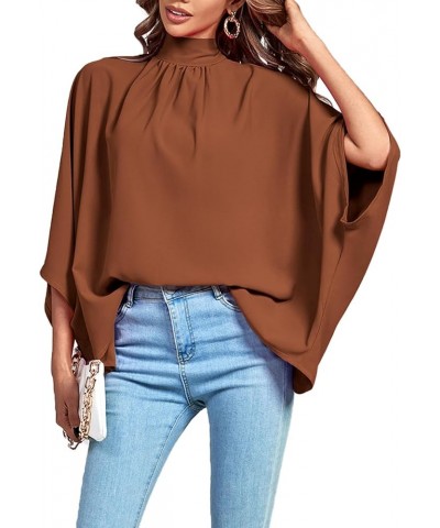 Women's Mock Neck Pleated Batwing Sleeve Drape Tie Back Blouse Shirt Top Mocha $17.39 Blouses