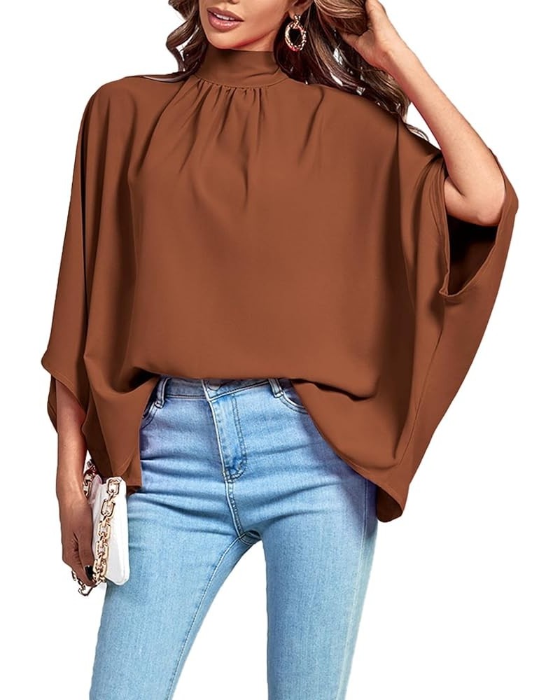 Women's Mock Neck Pleated Batwing Sleeve Drape Tie Back Blouse Shirt Top Mocha $17.39 Blouses