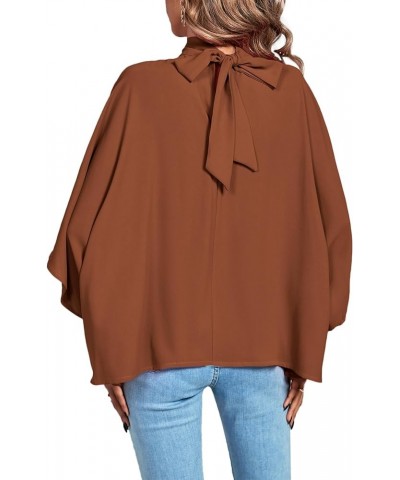 Women's Mock Neck Pleated Batwing Sleeve Drape Tie Back Blouse Shirt Top Mocha $17.39 Blouses