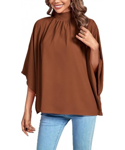 Women's Mock Neck Pleated Batwing Sleeve Drape Tie Back Blouse Shirt Top Mocha $17.39 Blouses