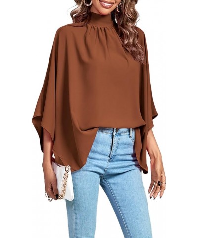 Women's Mock Neck Pleated Batwing Sleeve Drape Tie Back Blouse Shirt Top Mocha $17.39 Blouses