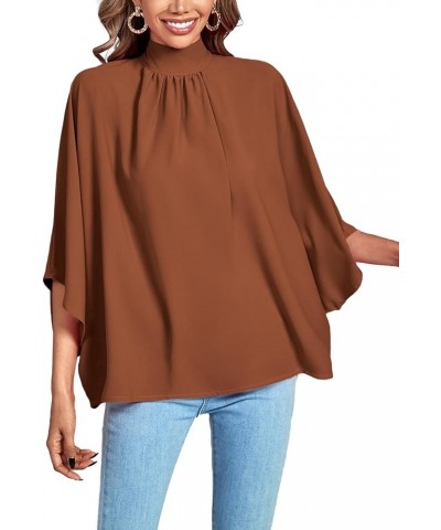 Women's Mock Neck Pleated Batwing Sleeve Drape Tie Back Blouse Shirt Top Mocha $17.39 Blouses