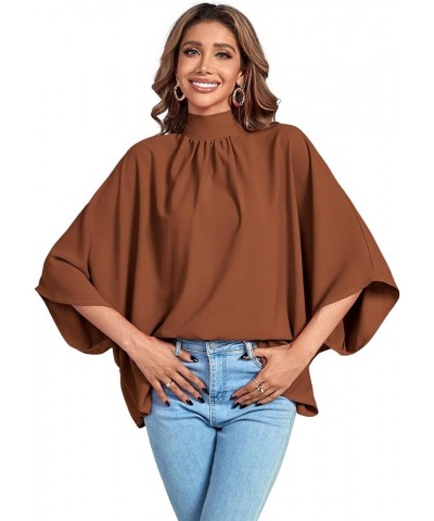 Women's Mock Neck Pleated Batwing Sleeve Drape Tie Back Blouse Shirt Top Mocha $17.39 Blouses