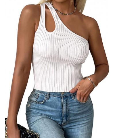 Women's One Shoulder Cutout Tank Tops Sexy Sleeveless Ribbed Knit Summer Crop Top White $11.75 Tanks