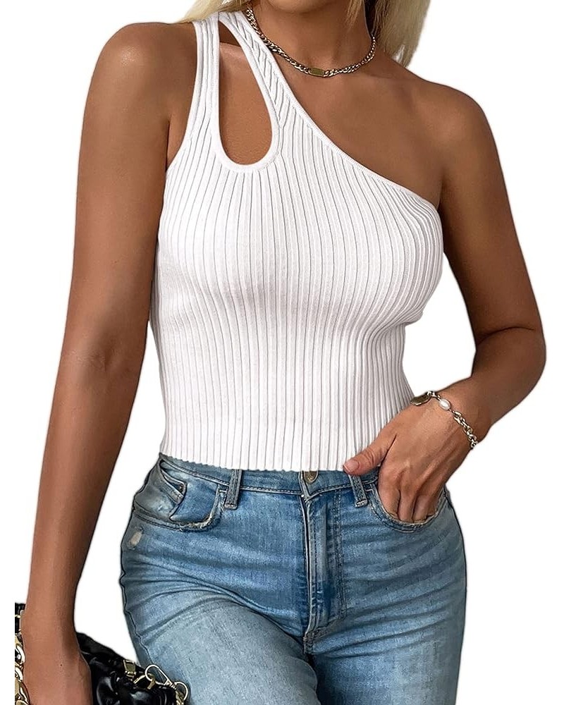 Women's One Shoulder Cutout Tank Tops Sexy Sleeveless Ribbed Knit Summer Crop Top White $11.75 Tanks