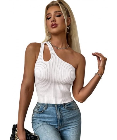 Women's One Shoulder Cutout Tank Tops Sexy Sleeveless Ribbed Knit Summer Crop Top White $11.75 Tanks