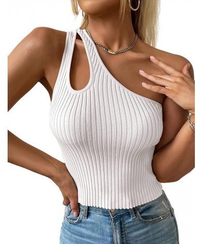 Women's One Shoulder Cutout Tank Tops Sexy Sleeveless Ribbed Knit Summer Crop Top White $11.75 Tanks