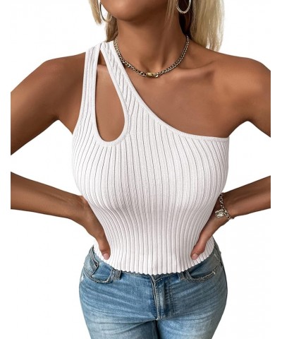 Women's One Shoulder Cutout Tank Tops Sexy Sleeveless Ribbed Knit Summer Crop Top White $11.75 Tanks