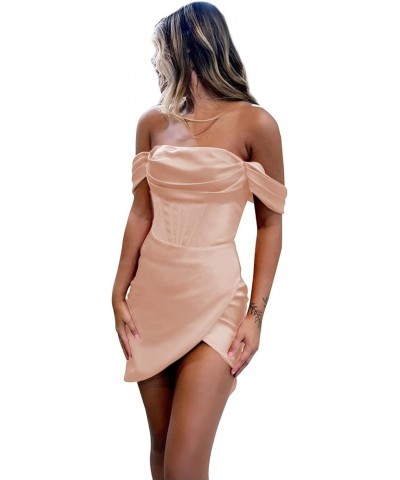 Satin Homecoming Dresses for Teens Short Prom Dress Mermaid Off The Shoulder Formal Evening Gown Peach $22.00 Dresses