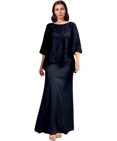 Lace Applique Mother of The Bride Dresses Long Chiffon Formal Evening Gowns Round Neck Wedding Guest Dresses Navy Blue $44.59...