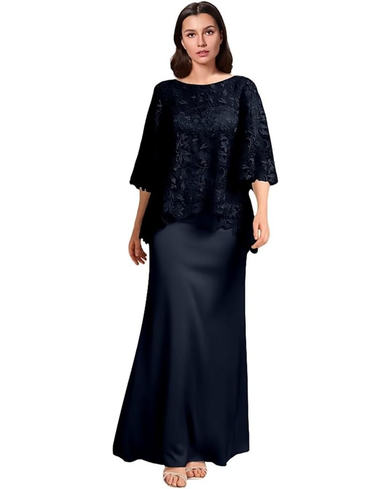 Lace Applique Mother of The Bride Dresses Long Chiffon Formal Evening Gowns Round Neck Wedding Guest Dresses Navy Blue $44.59...