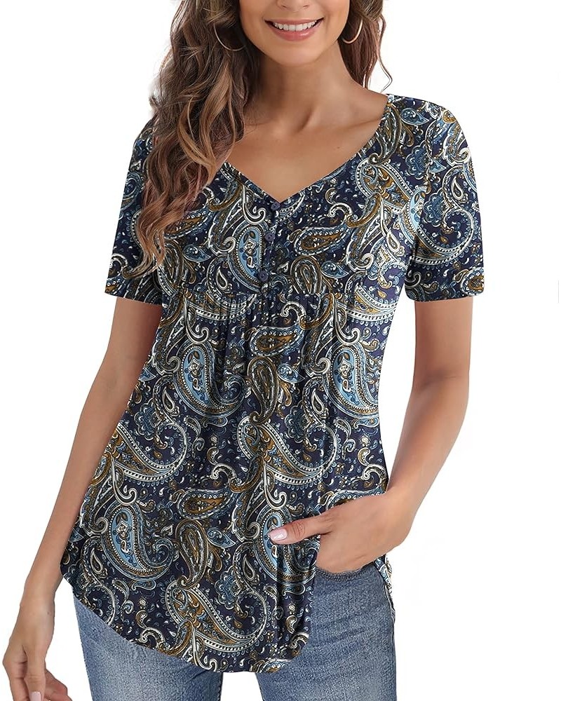 Womens Summer Tops V Neck Buttons Pleated Flared Plus Size Blouses M-4X Color 02 $8.80 Blouses