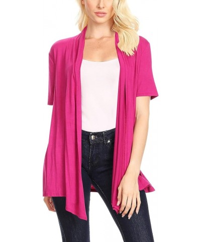 Women's Solid & Printed Short Sleeves Open Front Draped Cardigan/Made in USA Hcd00004 Magenta $10.77 Sweaters