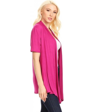 Women's Solid & Printed Short Sleeves Open Front Draped Cardigan/Made in USA Hcd00004 Magenta $10.77 Sweaters