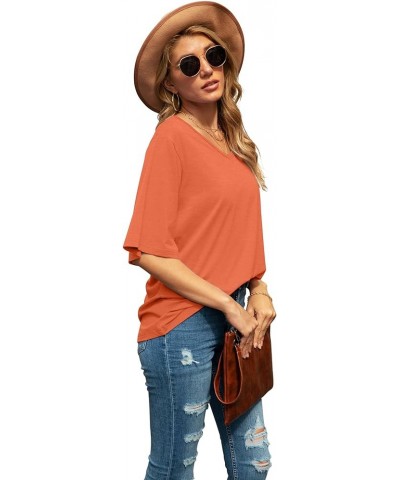 Women's Blouse Tops Loose V Neck 3/4 Bell Sleeve Shirt A-22- Vg Coral Orange $11.04 Tops