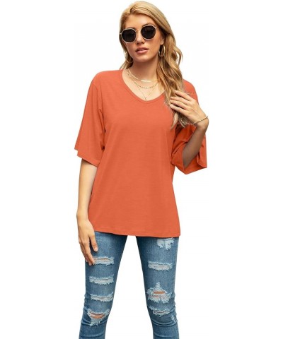 Women's Blouse Tops Loose V Neck 3/4 Bell Sleeve Shirt A-22- Vg Coral Orange $11.04 Tops