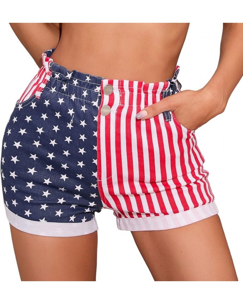 American Flag Shorts for Women 4th of July Elastic Waist Casual Cotton Shorts Distressed Denim Shorts A2-blue $8.50 Shorts