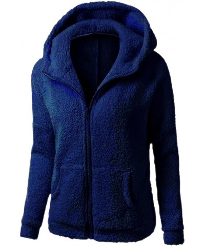 Womens Fuzzy Fleece Jacket Oversized Sherpa Lined Full Zip Up Hoodie Jacket with Pocket Shaggy Faux Fur Coats Navy $7.89 Jackets