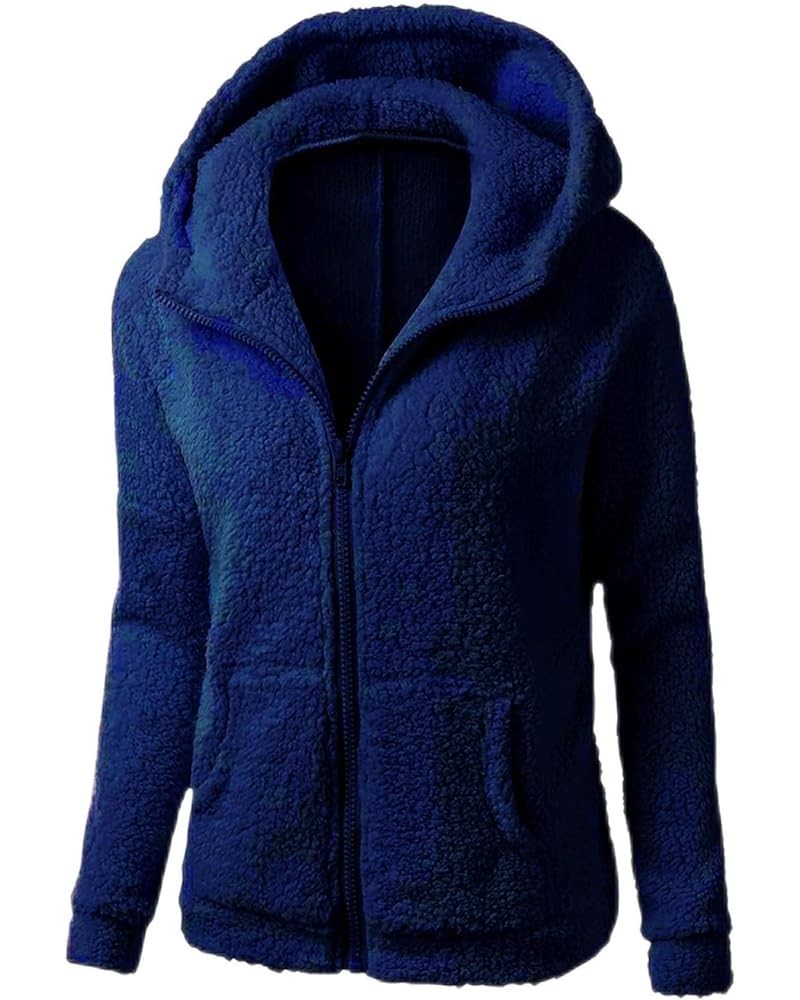 Womens Fuzzy Fleece Jacket Oversized Sherpa Lined Full Zip Up Hoodie Jacket with Pocket Shaggy Faux Fur Coats Navy $7.89 Jackets