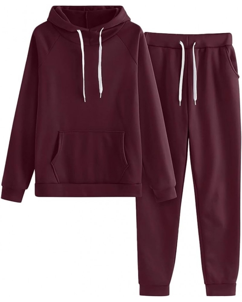 Women 2 Piece Outfits Sweatsuit Long Sleeve Hooded Sweatshirt Jogger Lounge Sweatpants Sportwear Workout Tracksuit Set D-wine...