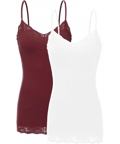 2 or 4 Pack Women's Junior and Plus Adjustable Spaghetti Strap Lace Tank Top 2pack - White/Burgundy $11.79 Tanks