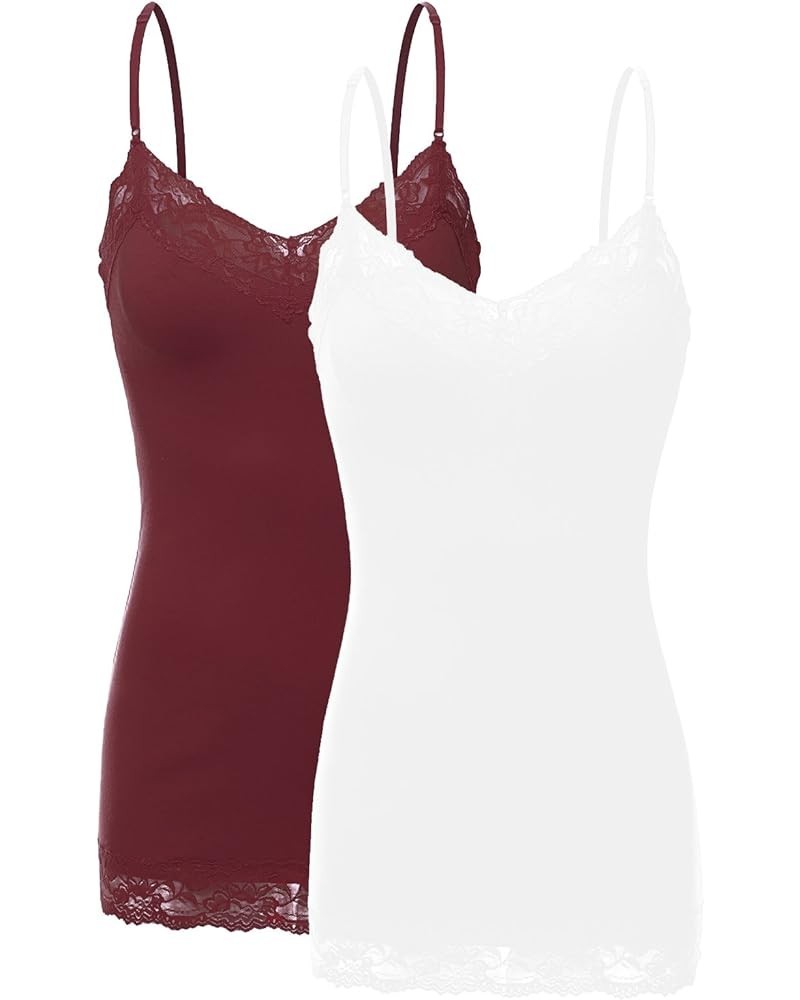 2 or 4 Pack Women's Junior and Plus Adjustable Spaghetti Strap Lace Tank Top 2pack - White/Burgundy $11.79 Tanks