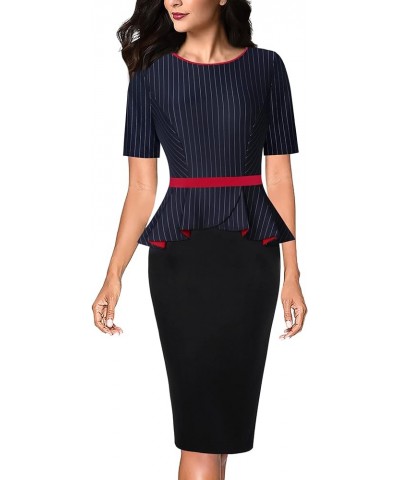 Womens Crew Neck Peplum Colorblock Work Business Office Bodycon Pencil Dress Navy Blue Stripe+ Black $19.35 Dresses