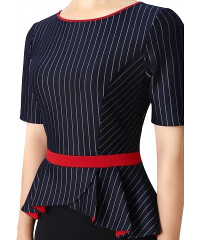 Womens Crew Neck Peplum Colorblock Work Business Office Bodycon Pencil Dress Navy Blue Stripe+ Black $19.35 Dresses