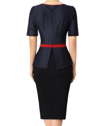 Womens Crew Neck Peplum Colorblock Work Business Office Bodycon Pencil Dress Navy Blue Stripe+ Black $19.35 Dresses