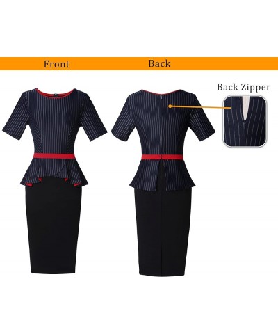 Womens Crew Neck Peplum Colorblock Work Business Office Bodycon Pencil Dress Navy Blue Stripe+ Black $19.35 Dresses