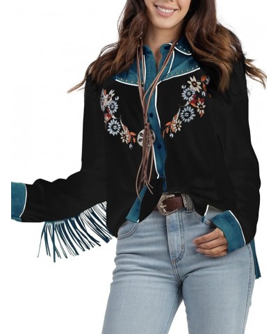 Women's Embroidered Western Long Sleeve Buttons Down Shirts Collared Retro Casual Blouses Shirts Black $19.06 Blouses