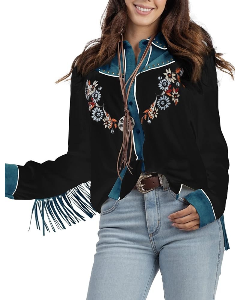 Women's Embroidered Western Long Sleeve Buttons Down Shirts Collared Retro Casual Blouses Shirts Black $19.06 Blouses