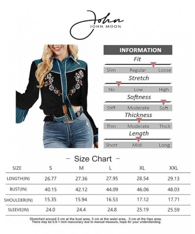 Women's Embroidered Western Long Sleeve Buttons Down Shirts Collared Retro Casual Blouses Shirts Black $19.06 Blouses