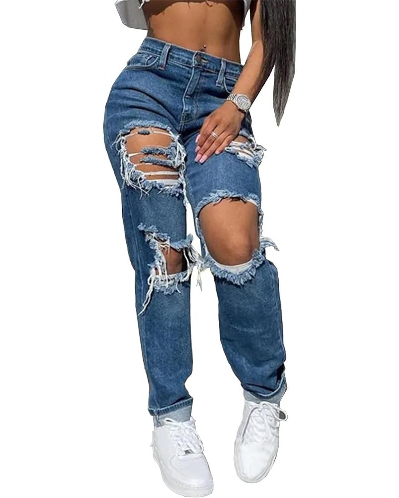 Women's Midi Waist Destroyed Ripped Hole Jeans Tassel Straight Leg Hollow Out Boyfriend Denim Pants Blue $12.88 Jeans