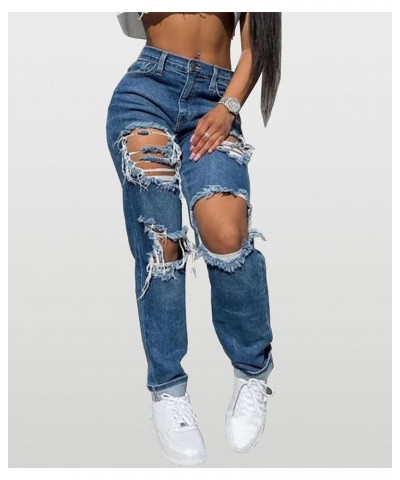 Women's Midi Waist Destroyed Ripped Hole Jeans Tassel Straight Leg Hollow Out Boyfriend Denim Pants Blue $12.88 Jeans