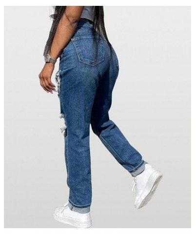 Women's Midi Waist Destroyed Ripped Hole Jeans Tassel Straight Leg Hollow Out Boyfriend Denim Pants Blue $12.88 Jeans