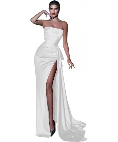 Women's Strapless Prom Dresses Mermaid Pleated Satin Long Formal Evening Gowns with Slit White $38.60 Dresses