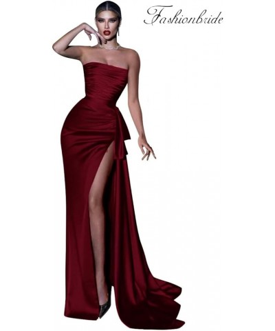 Women's Strapless Prom Dresses Mermaid Pleated Satin Long Formal Evening Gowns with Slit White $38.60 Dresses