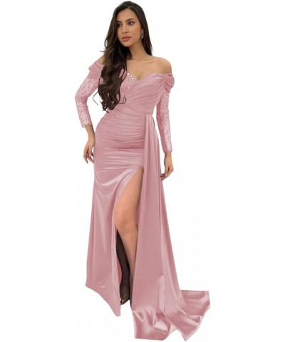 Satin Off Shoulder Prom Dress Long 2024 Sequin Lace Mermaid Evening Party Gowns with Slit CYM179 Dusty Pink $30.75 Dresses