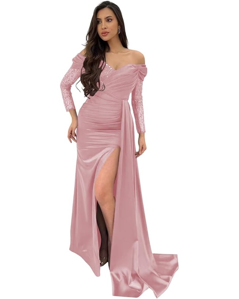 Satin Off Shoulder Prom Dress Long 2024 Sequin Lace Mermaid Evening Party Gowns with Slit CYM179 Dusty Pink $30.75 Dresses