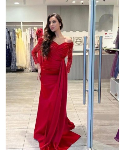 Satin Off Shoulder Prom Dress Long 2024 Sequin Lace Mermaid Evening Party Gowns with Slit CYM179 Dusty Pink $30.75 Dresses