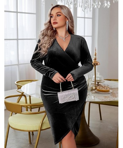 Womens Plus Size Long Sleeve Velvet Bodycon Dresses Ruched Wrap V Neck Cocktail Party Dress Black $30.79 Dresses