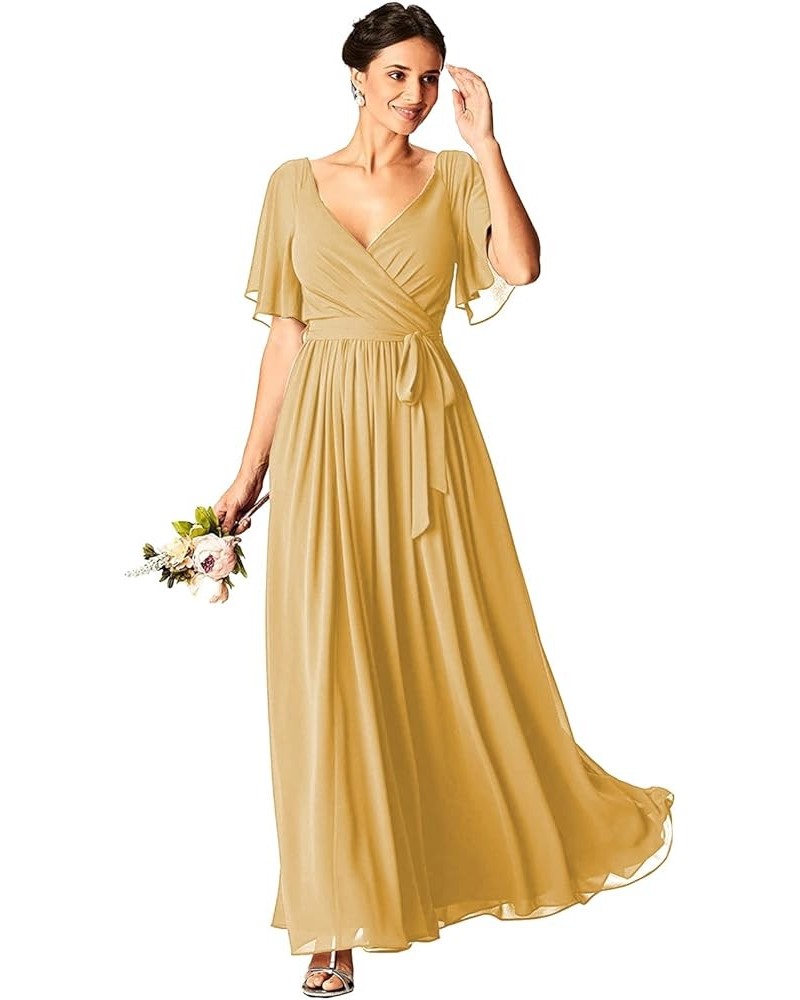 Chiffon V-Neck Short Sleeve Bridesmaid Dresses for Wedding with Pockets Corset Formal Evening Party Gown Gold $25.20 Dresses