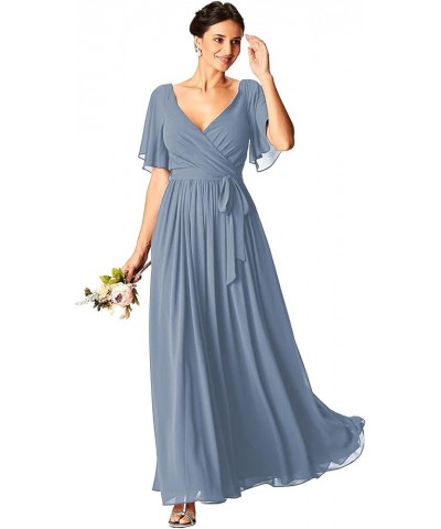 Chiffon V-Neck Short Sleeve Bridesmaid Dresses for Wedding with Pockets Corset Formal Evening Party Gown Gold $25.20 Dresses